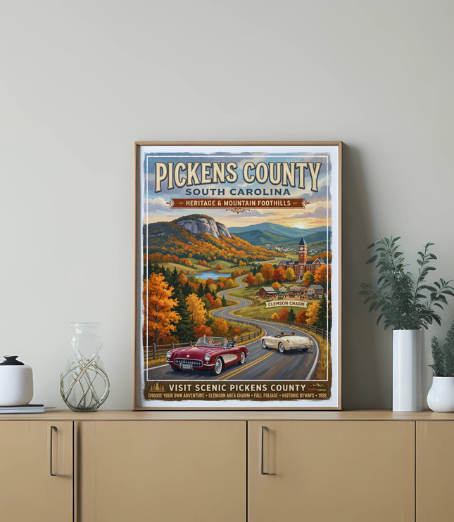 Pickens County, South Carolina vintage travel poster with falling leaves and classic cars.