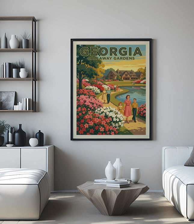 Vintage Georgia Callaway Gardens poster with family by pond.