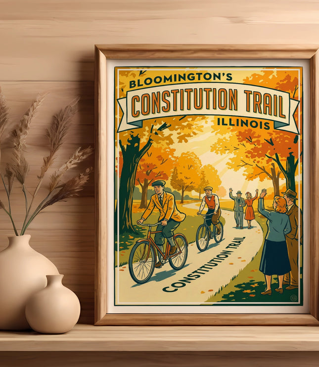 Bloomington's Constitution Trail Illinois vintage travel poster with people cycling and walking.