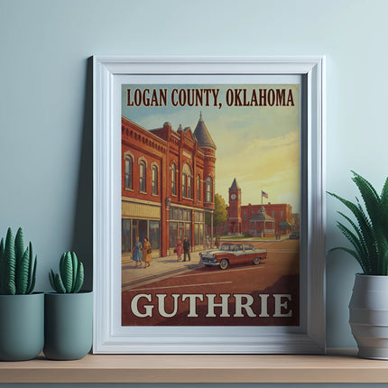 Guthrie Logan County Oklahoma vintage poster with town buildings and retro car.