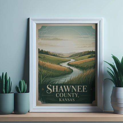 Framed poster of Shawnee County, Kansas, with a winding river and rolling hills.