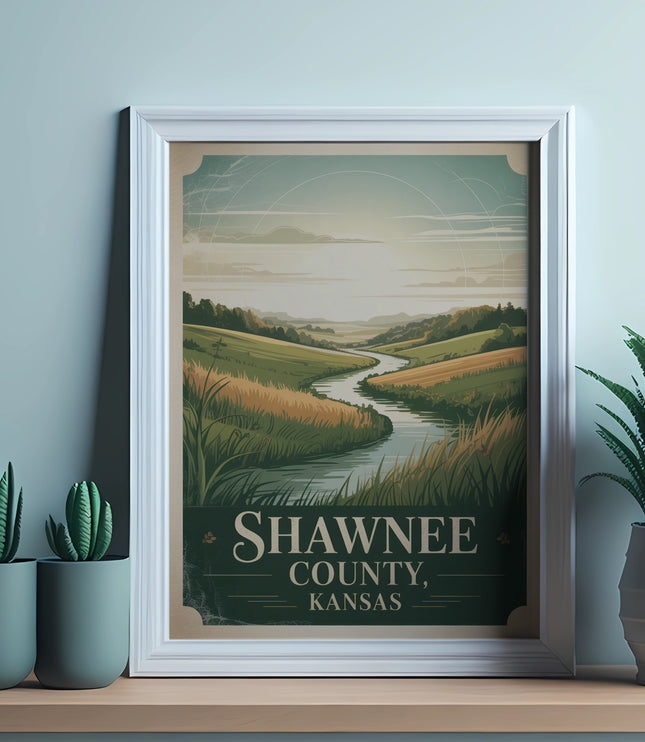 Framed poster of Shawnee County, Kansas, with a winding river and rolling hills.