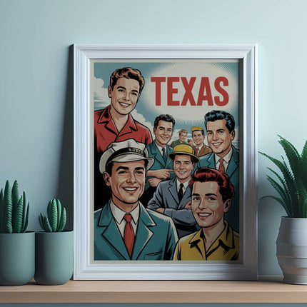 Framed illustration of smiling men with "TEXAS" text.
