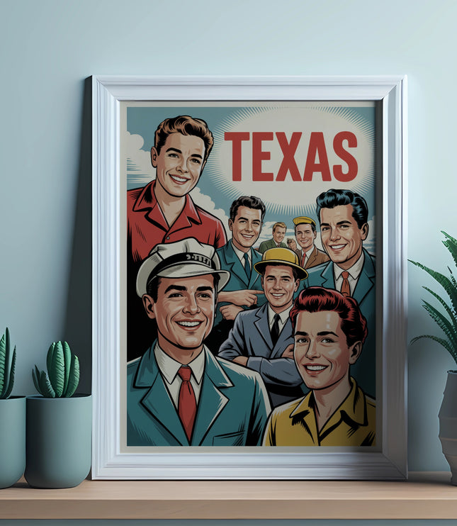 Framed illustration of smiling men with "TEXAS" text.