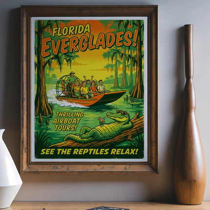 Vintage Florida Everglades airboat tour poster with alligator mascot.