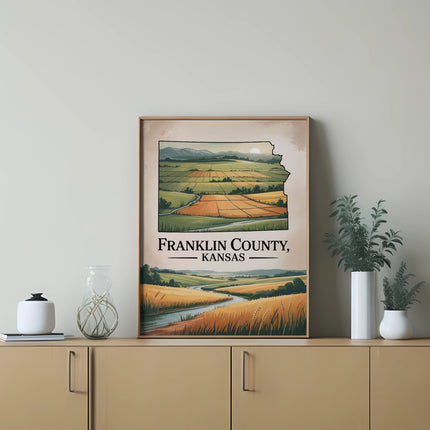 Franklin County, Kansas landscape with rolling fields and a river, framed.