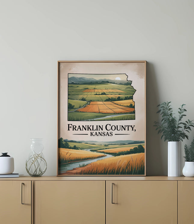 Franklin County, Kansas landscape with rolling fields and a river, framed.