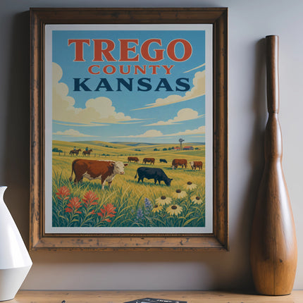 Vintage TREGO COUNTY KANSAS travel poster with cattle and wildflowers.