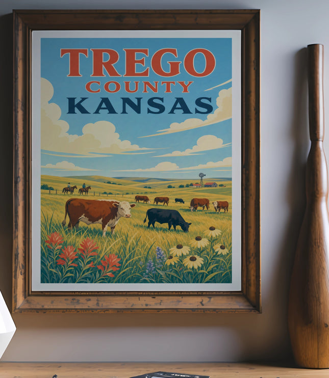 Vintage TREGO COUNTY KANSAS travel poster with cattle and wildflowers.