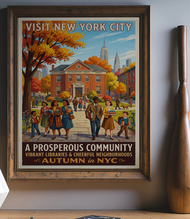 Vintage travel poster for New York City in autumn with library and people.