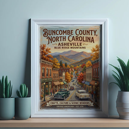 Buncombe County, North Carolina vintage poster featuring Asheville and the Blue Ridge Mountains.