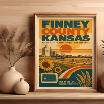 Finney County Kansas poster with sunflowers and wheat field, Garden City text.