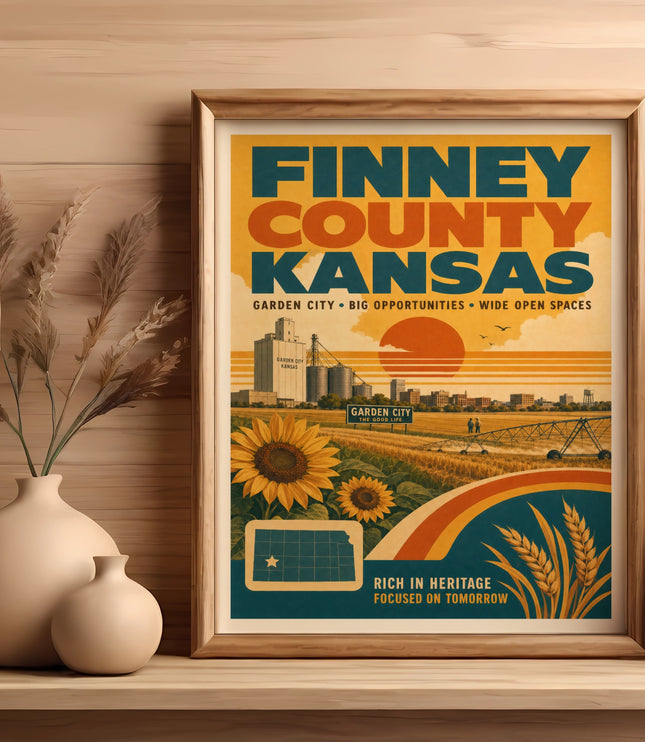 Finney County Kansas poster with sunflowers and wheat field, Garden City text.