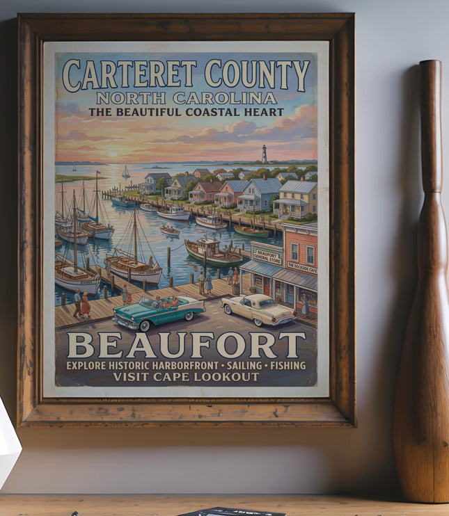 Beaufort, North Carolina vintage travel poster featuring a harbor scene.