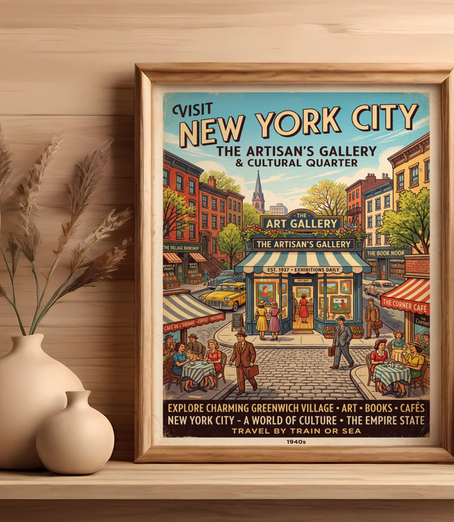 Vintage New York City poster advertising The Artisan's Gallery and Cultural Quarter.