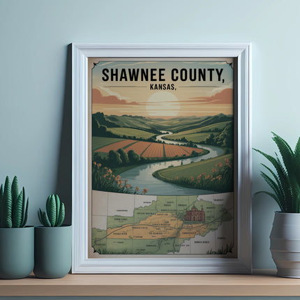 Shawnee County, Kansas map with rolling hills, river, and text labels.