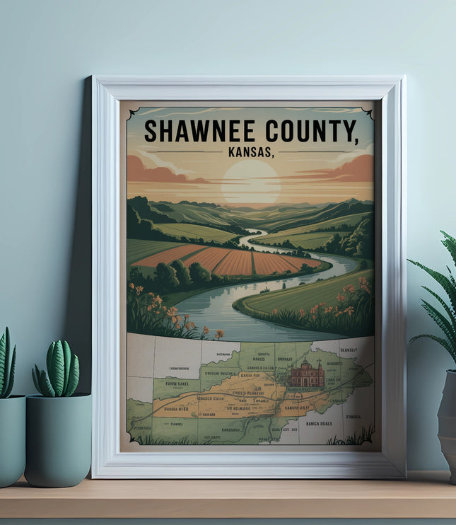 Shawnee County, Kansas map with rolling hills, river, and text labels.