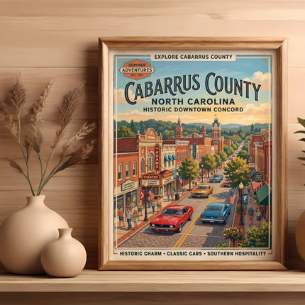 Fabeled poster of Cabarrus County, North Carolina, Historic Downtown Concord.