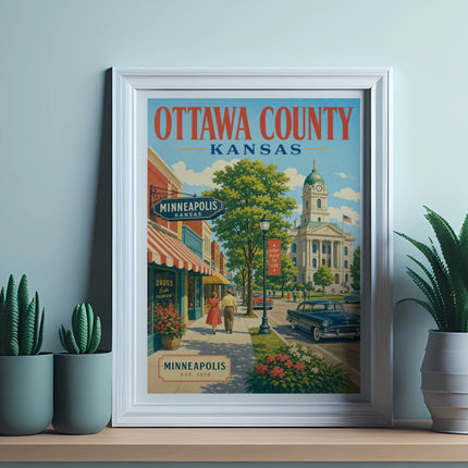 Framed print of Minneapolis, Kansas, with a vintage street scene and building.