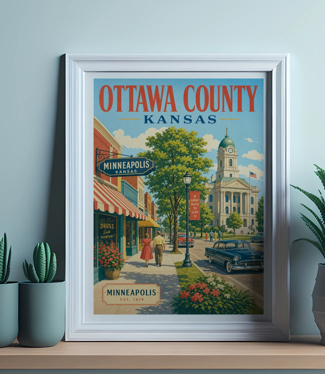 Framed print of Minneapolis, Kansas, with a vintage street scene and building.