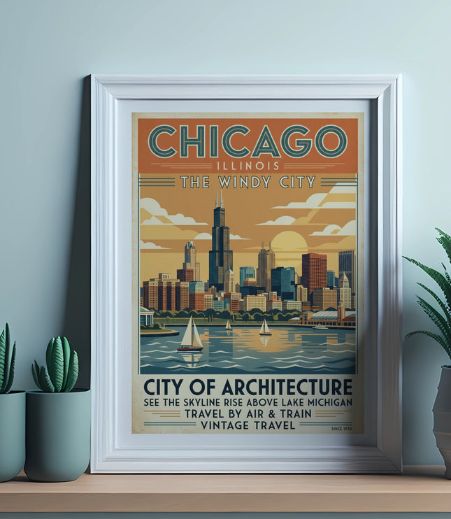 Vintage Chicago skyline poster with "The Windy City" and "City of Architecture" text.