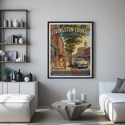 Visit Livingston County Michigan poster depicting Howell's historic main street.