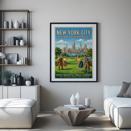 New York City golf poster with golfers in Central Park.