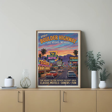 Vintage Las Vegas Boulder Highway poster with classic cars and motels.