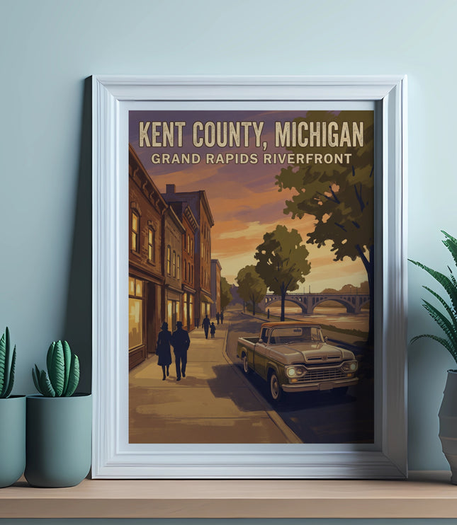 Poster of Kent County, Michigan, Grand Rapids Riverfront, with classic truck and bridge.