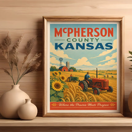 McPherson County, Kansas vintage travel poster with farm scene and text.