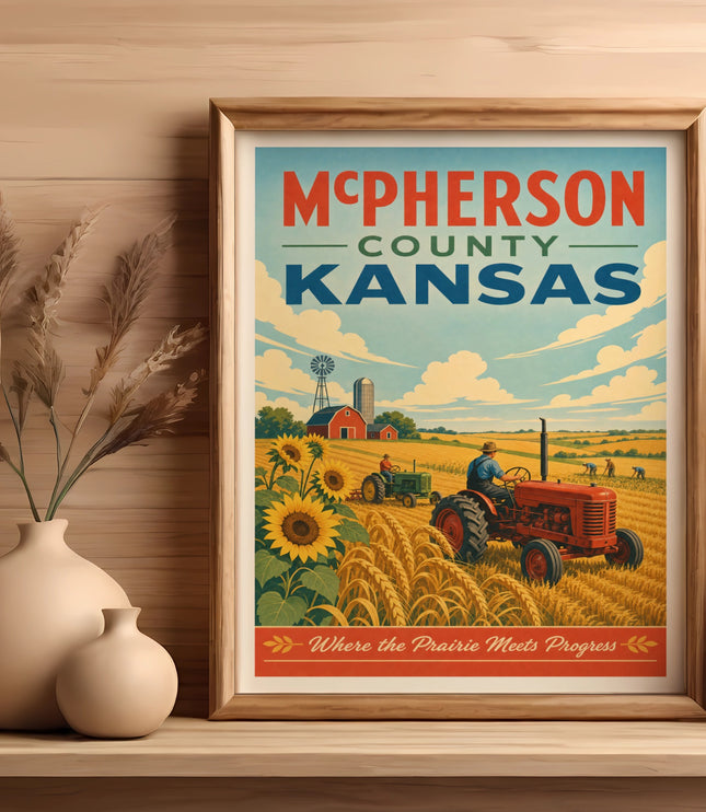 McPherson County, Kansas vintage travel poster with farm scene and text.