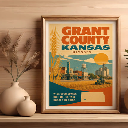 Grant County Kansas Ulysses vintage travel poster with wheat, farm, and sun.