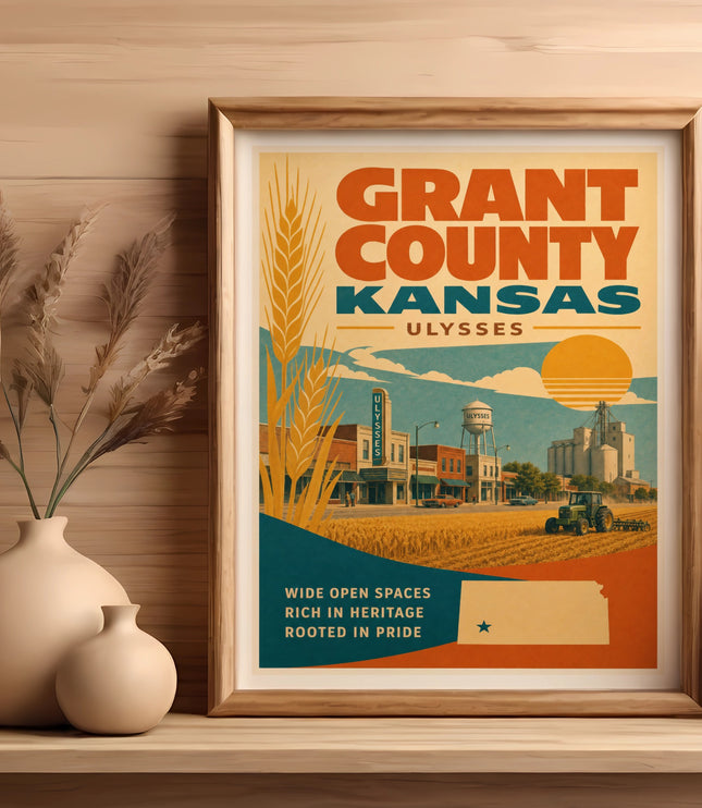 Grant County Kansas Ulysses vintage travel poster with wheat, farm, and sun.