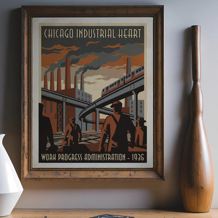 Chicago Industrial Heart poster with workers and factories, Work Progress Administration - 1936.