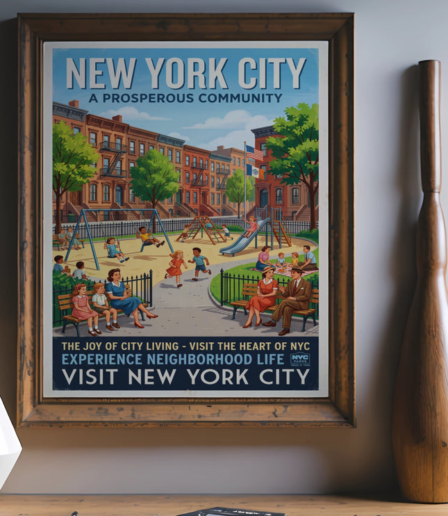 New York City vintage travel poster depicting a park scene with families and buildings.