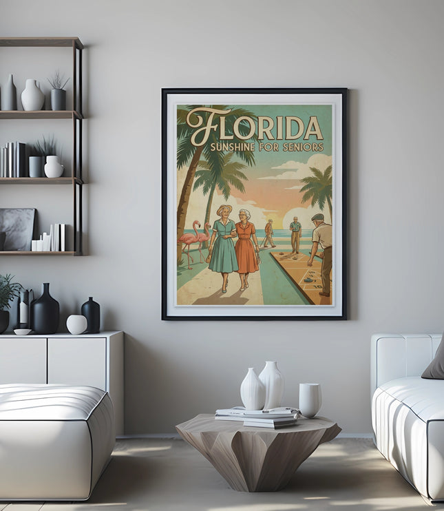 Framed "Florida Sunshine for Seniors" poster featuring people playing shuffleboard on a beach.