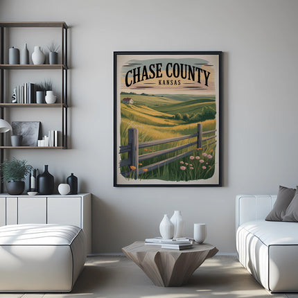 Framed "Chase County, Kansas" poster featuring rolling hills, a fence, and a small house.
