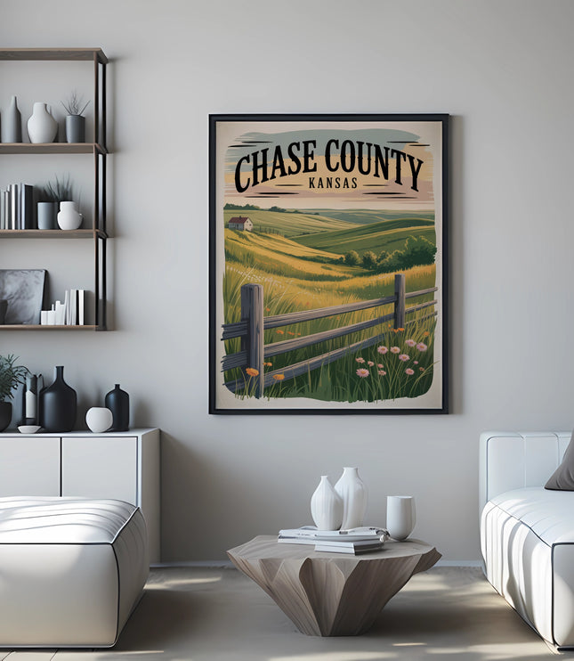 Framed "Chase County, Kansas" poster featuring rolling hills, a fence, and a small house.