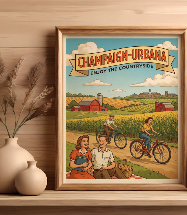 Champaign-Urbana art depicts a couple on a picnic with cyclists and farms.