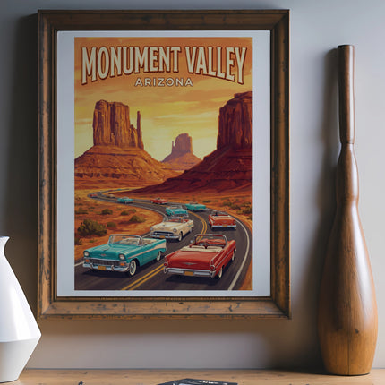 Monument Valley Arizona poster with vintage cars driving on a desert road.