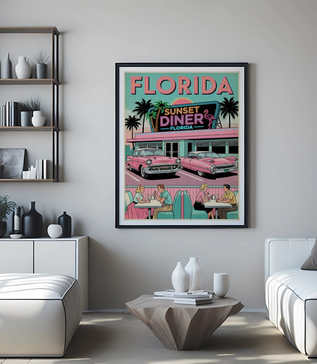 Retro Florida diner print with pink cars, palm trees, and neon sign.