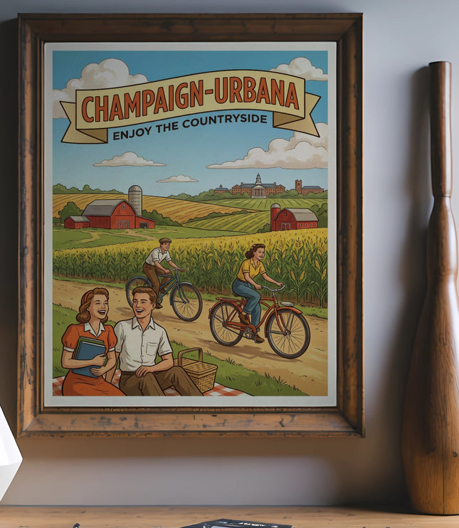 Champaign-Urbana "Enjoy the Countryside" framed vintage poster with people cycling and picnicking.