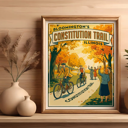 Illustration of Bloomington Constitution Trail Illinois with cyclists and walkers.
