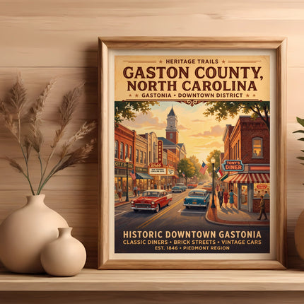 Poster of historic downtown Gastonia, North Carolina with vintage cars and diners.