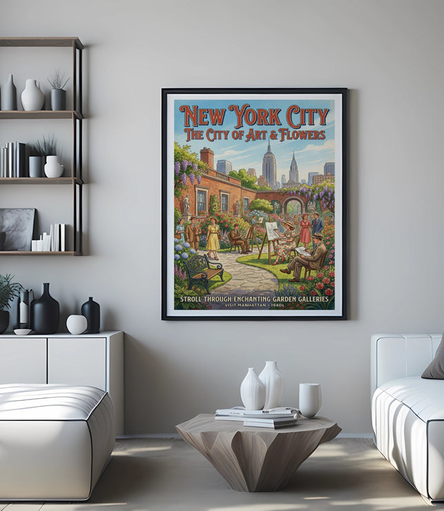 Framed poster depicting New York City art and flower galleries with people sketching.