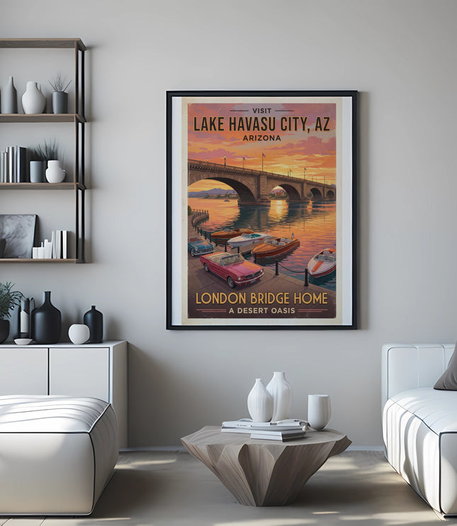 Vintage poster of London Bridge Home in Lake Havasu City, Arizona with boats and cars.