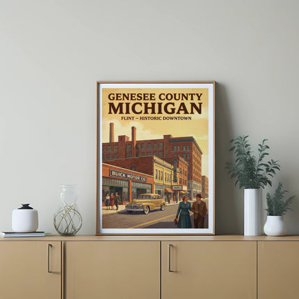 Genesee County Michigan Flint Historic Downtown vintage poster with Buick store.