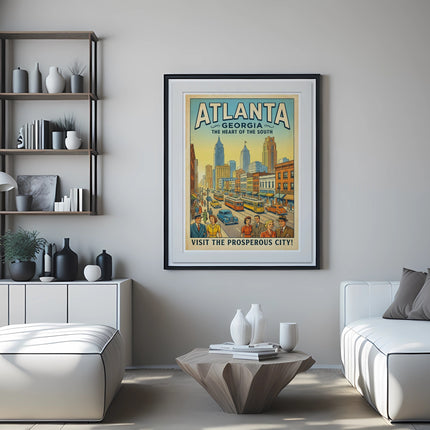 Atlanta Georgia the heart of the South vintage travel poster on wall above coffee table.