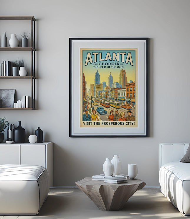 Atlanta Georgia the heart of the South vintage travel poster on wall above coffee table.
