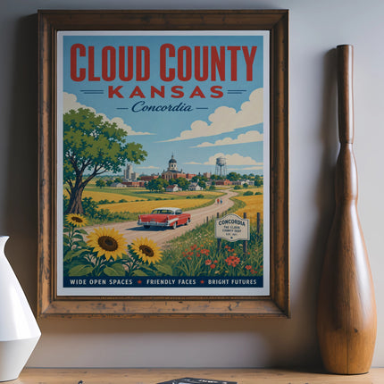 Vintage travel poster for Cloud County, Kansas featuring a red car and town.